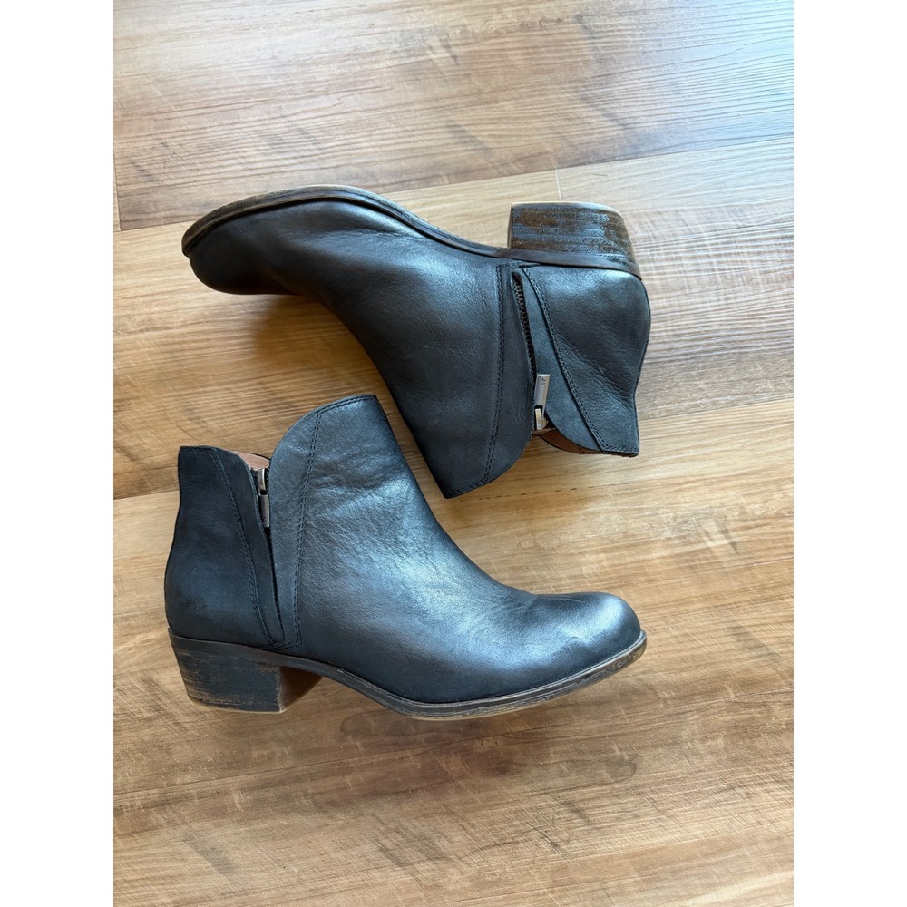 Lucky Brand Brenon Black Leather Ankle Boots Side Zip Stacked Heel 9M EU 39